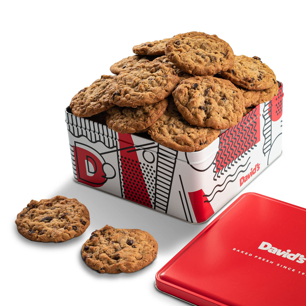 David's Cookies oatmeal raisin gift tin closeup showing soft, fresh-baked cookies ideal for gifting