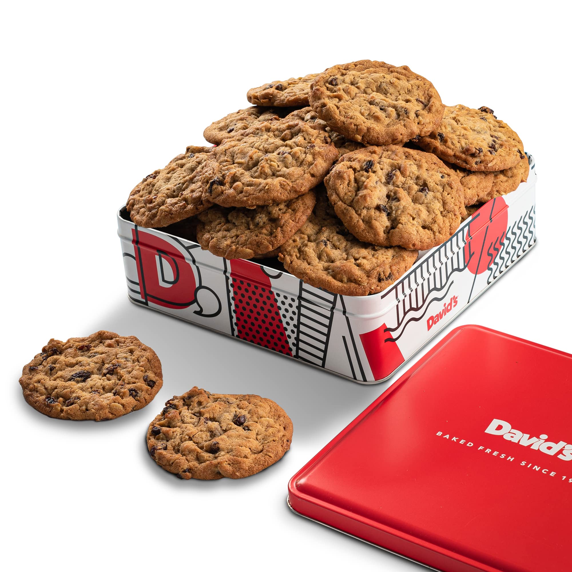 David's Cookies oatmeal raisin gift tin; soft-baked cookies perfect for celebrations.