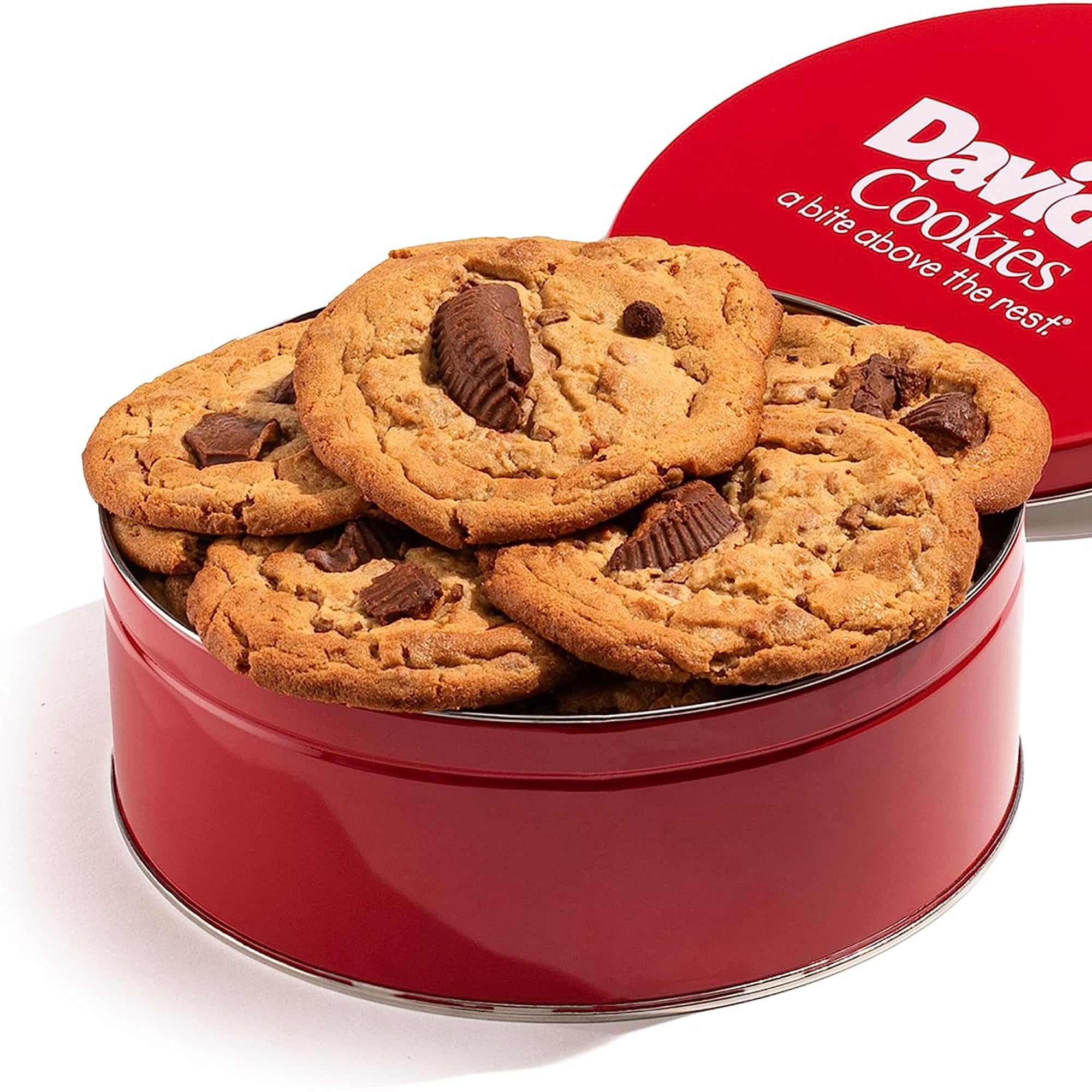 David's Cookies peanut butter chunk gift tin with eight cookies, ideal for gifting.