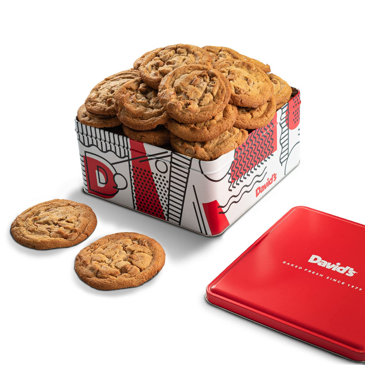 David's Cookies peanut butter gift tin ready for gifting