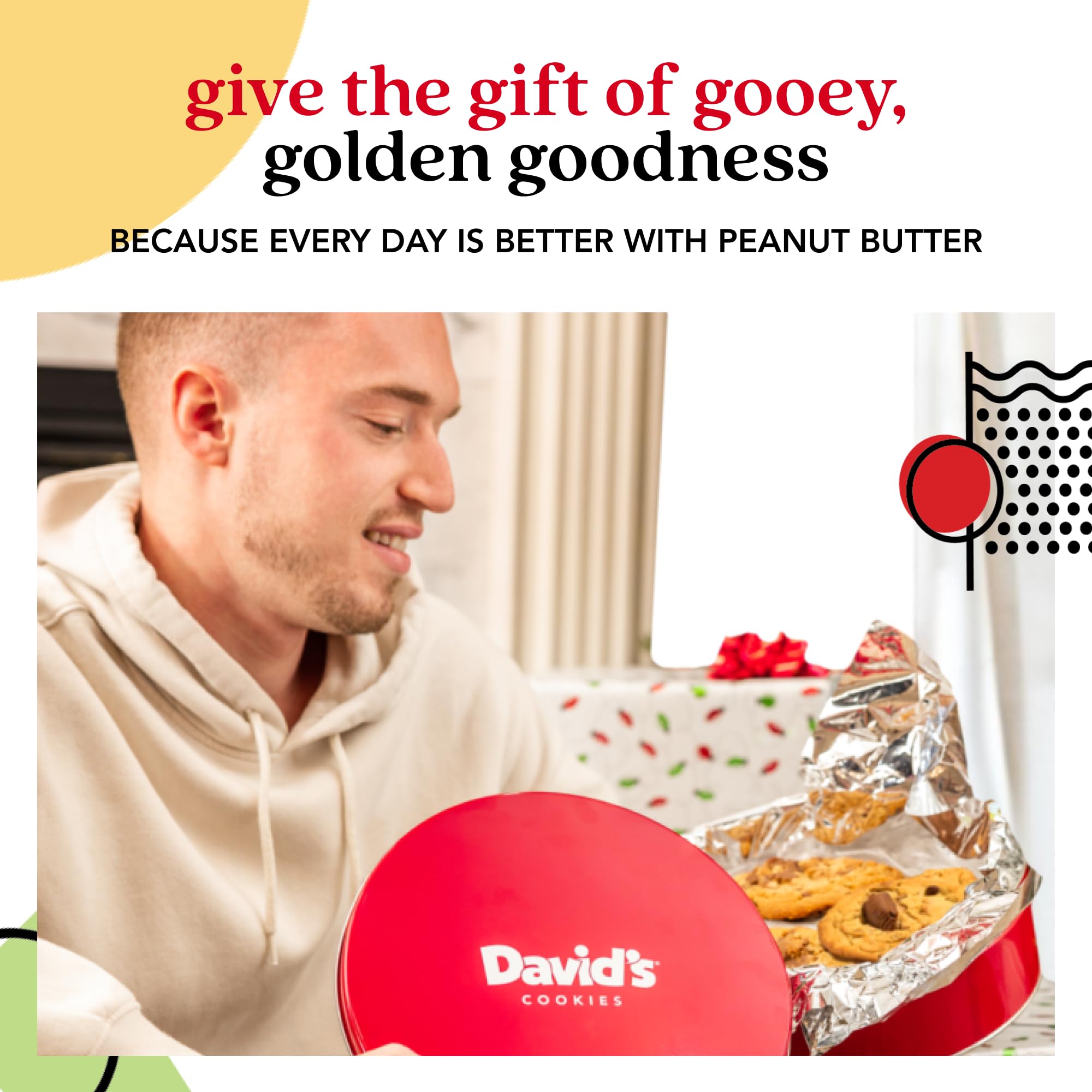 David's Cookies tin-front design suggests a premium gift for celebrations.