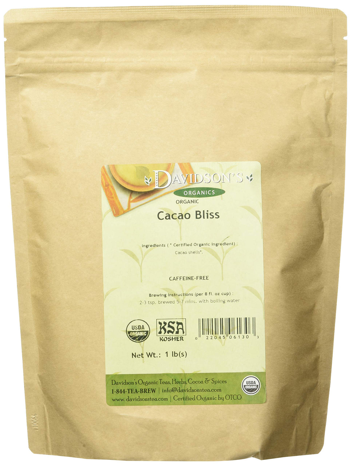 Davidson's Organics Cacao Bliss loose leaf bag 16 oz shows rich cacao flavor for daily cups.