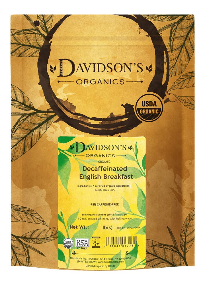 Davidson's Organics decaf English Breakfast loose leaf tea with a robust aroma.