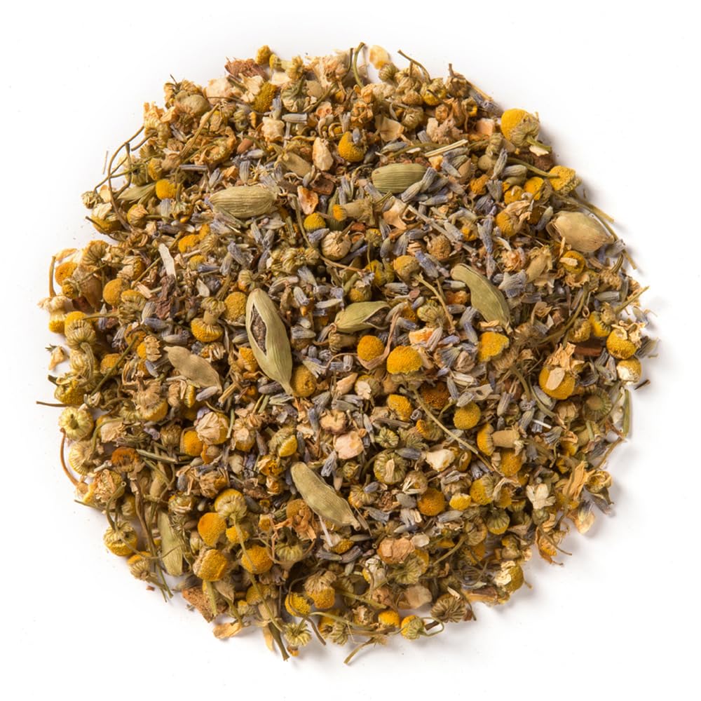 Close-up of Davidson's Organics Sleep tea leaves with label, signaling sustainable farming and quality.