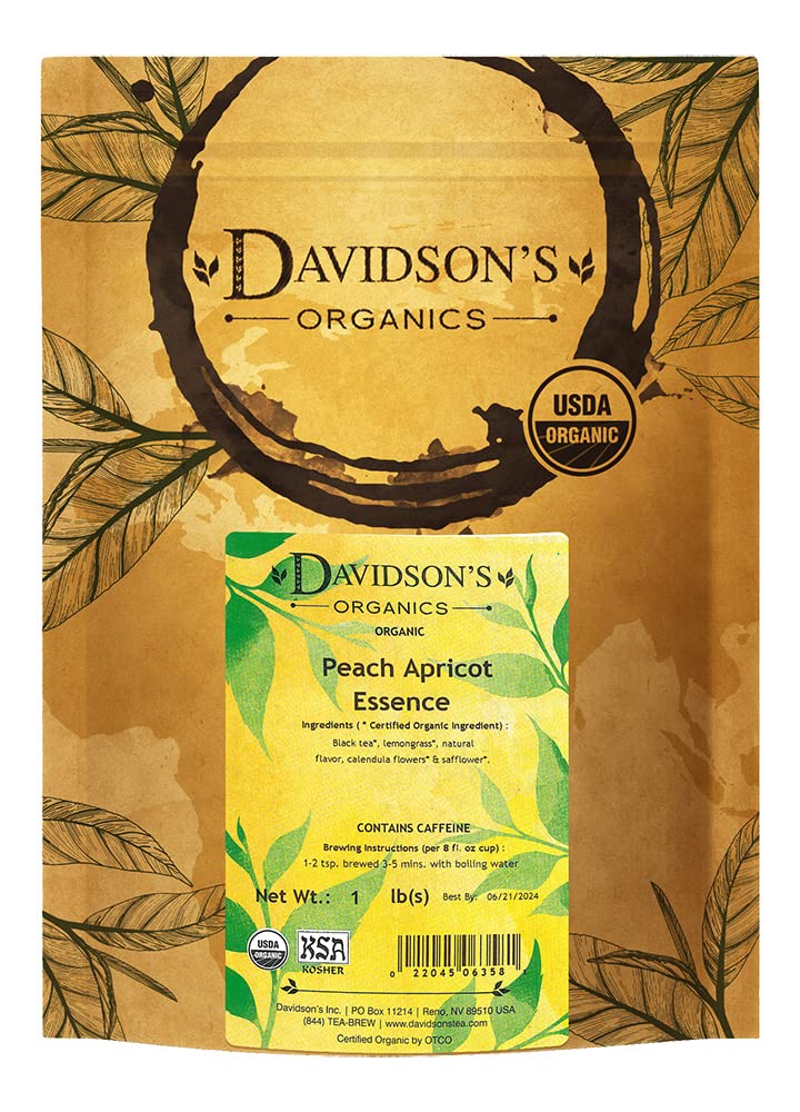 Davidson's Peach-Apricot Essence loose-leaf tea delivers bright fruit aroma in a soothing cup.