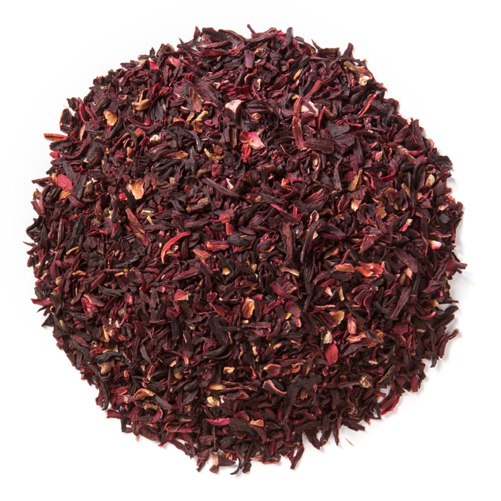 Davidson's Hibiscus infusion brewing in a cup with bright tart notes.