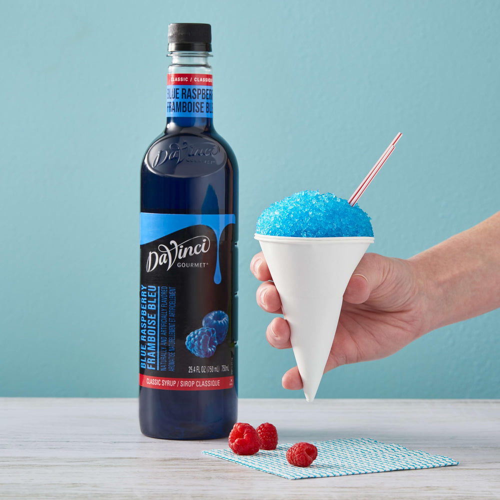 DaVinci Gourmet Blue Raspberry slushie mix creating visually appealing frozen treats.