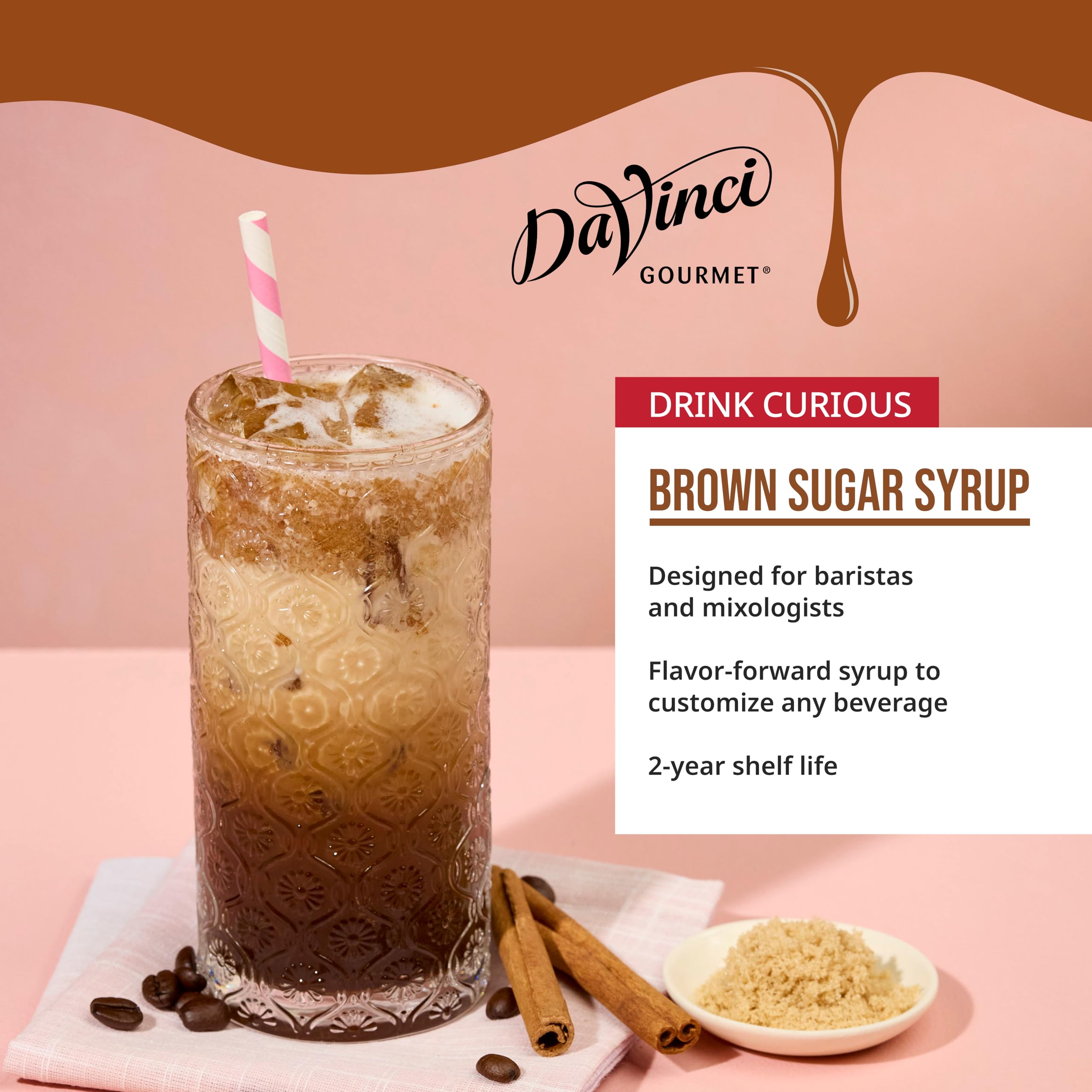 DaVinci Gourmet Brown Sugar Syrup cocktail mixing highlights caramel sweetness and smooth finish.