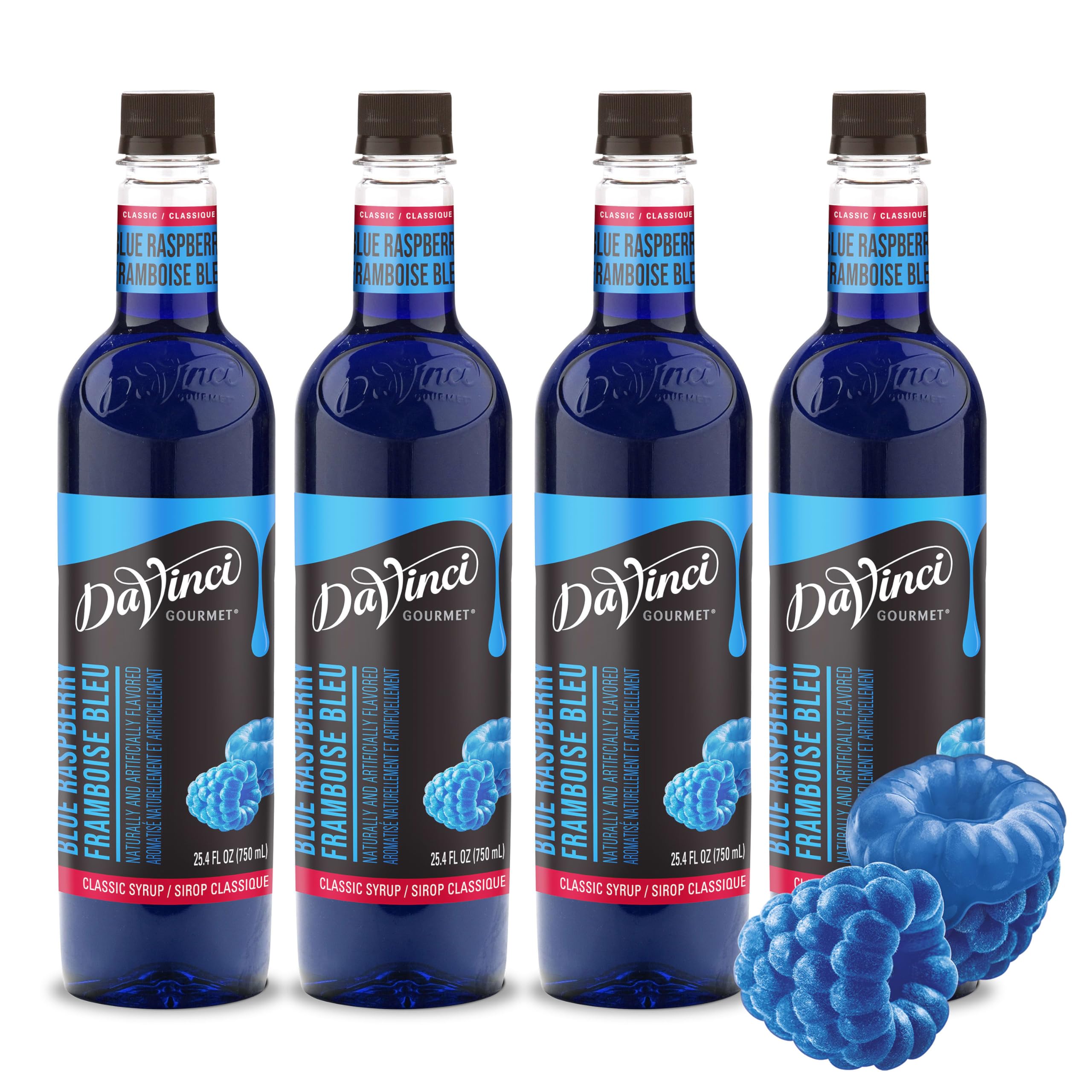 DaVinci Gourmet Classic Blue Raspberry bottle shown for bold color and flavor inspiration for drinks.