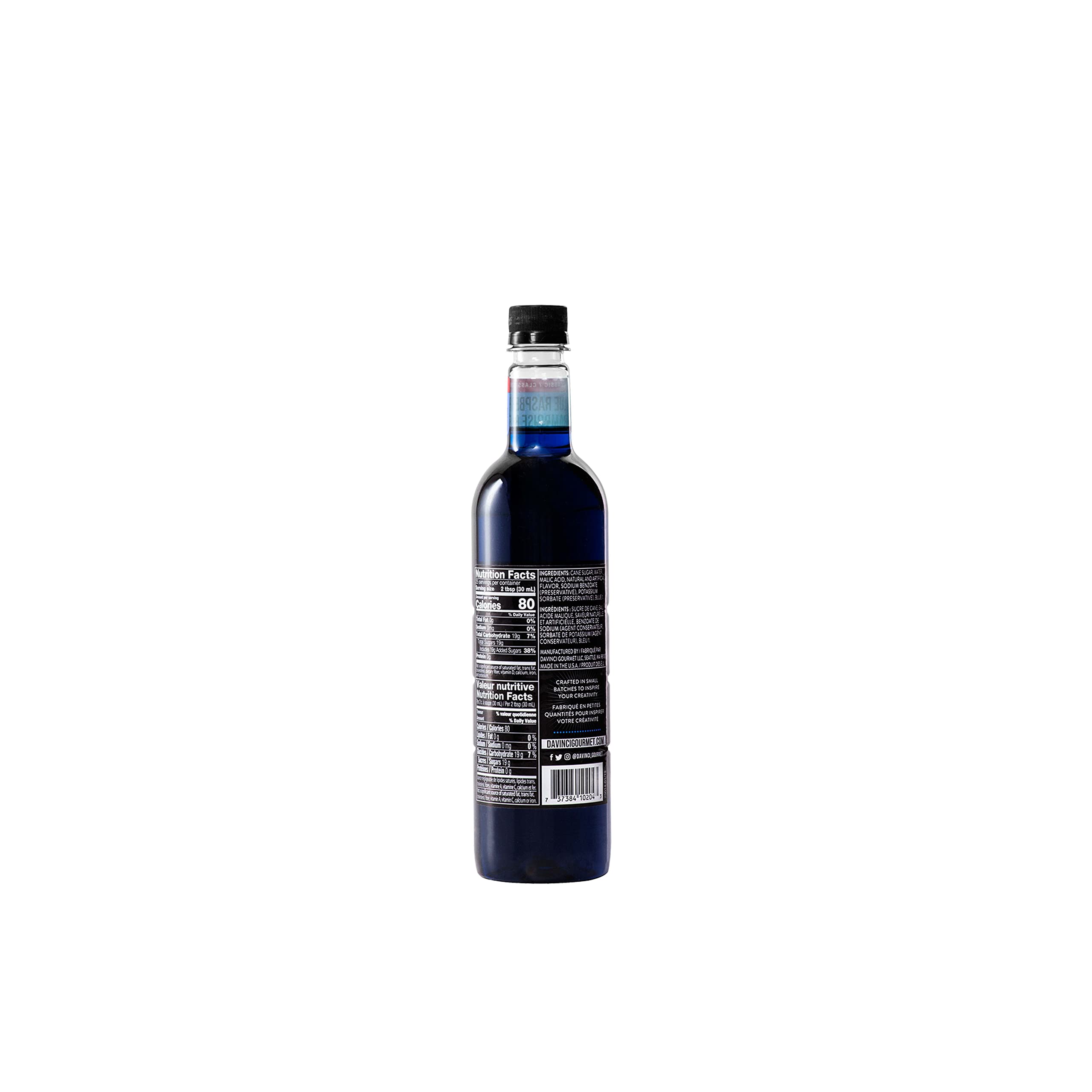 DaVinci Gourmet Blue Raspberry label closeup highlighting premium ingredients and vibrant syrup color.