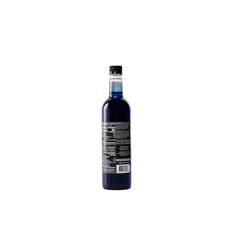 DaVinci Gourmet Blue Raspberry label closeup highlighting premium ingredients and vibrant syrup color.