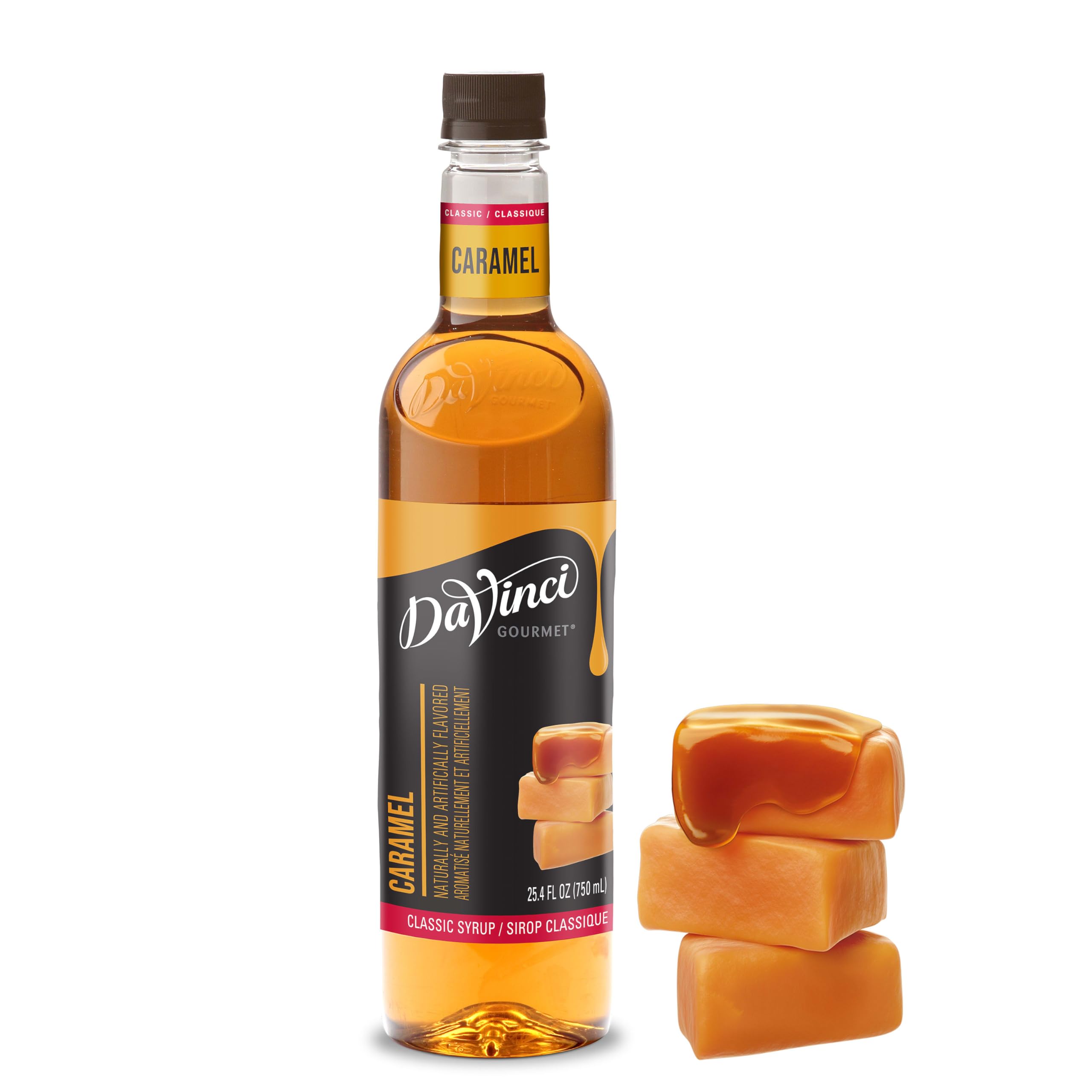 DaVinci Gourmet Classic Caramel Syrup bottle adds rich caramel flavor to beverages.