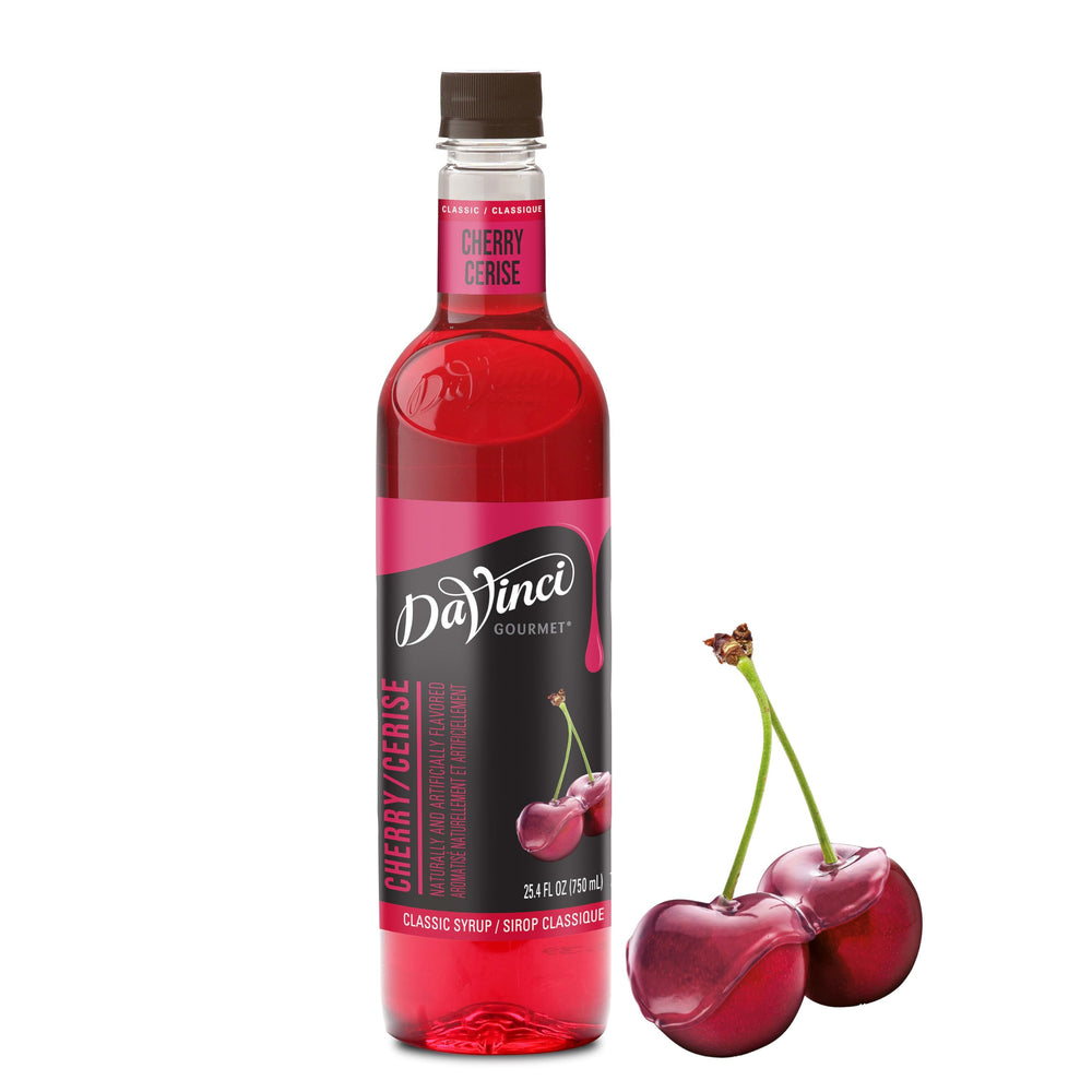 DaVinci Gourmet Classic Cherry Syrup bottle shown for coffee flavoring and coffeehouse-style beverages.