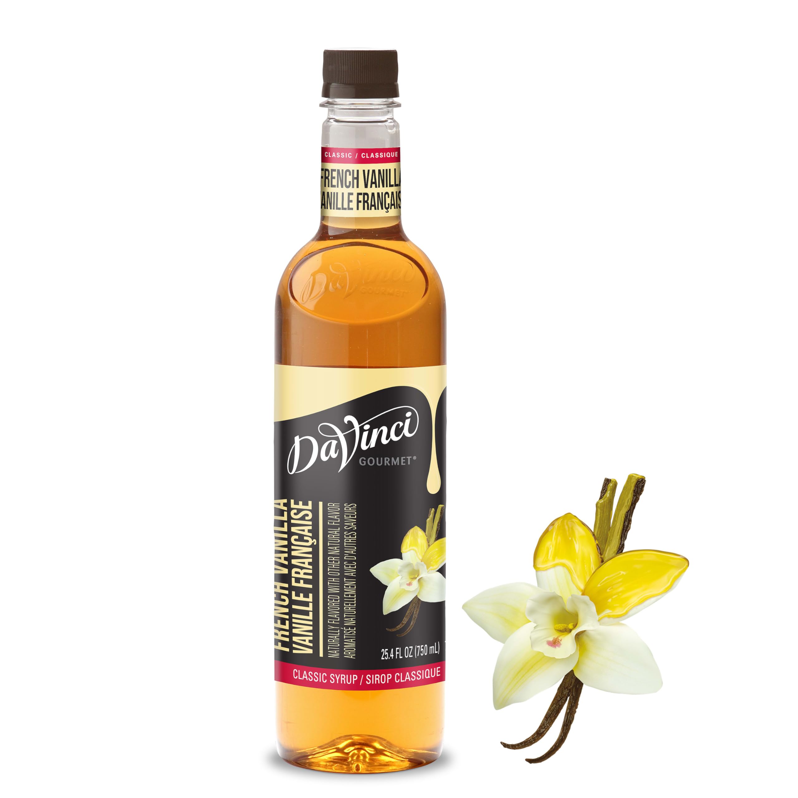 DaVinci Gourmet Classic French Vanilla syrup bottle on counter for versatile beverages.