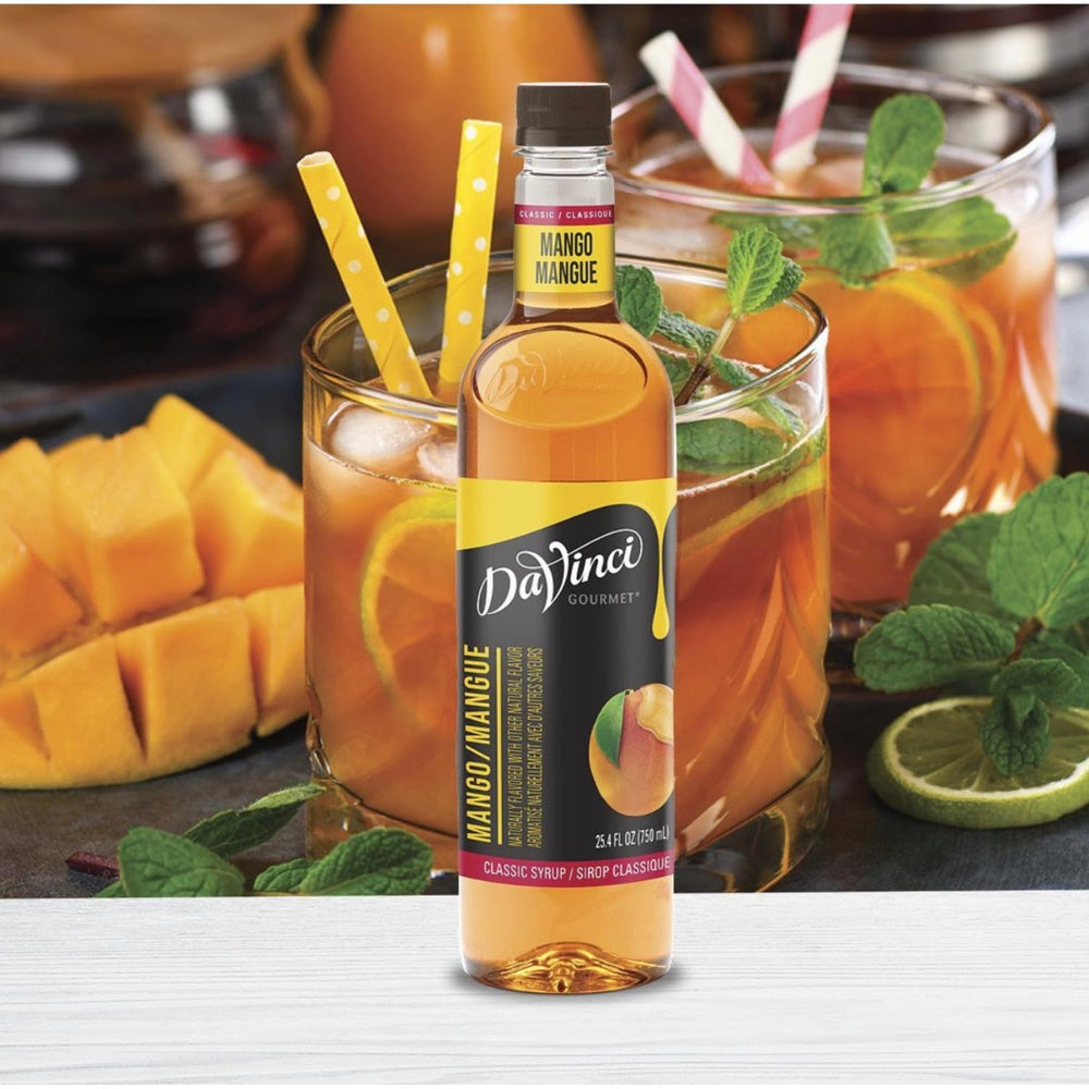 DaVinci Gourmet Classic Mango Syrup used as dessert topping for fruit treats