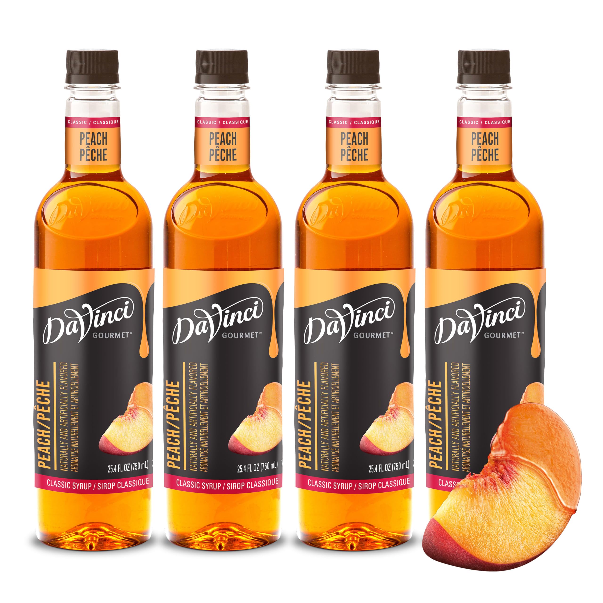DaVinci Gourmet Classic Peach Syrup bottle, ideal for cold beverages.