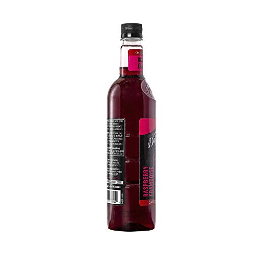 DaVinci Gourmet Classic Raspberry Syrup bottle displayed on shelf in a cafe setting.