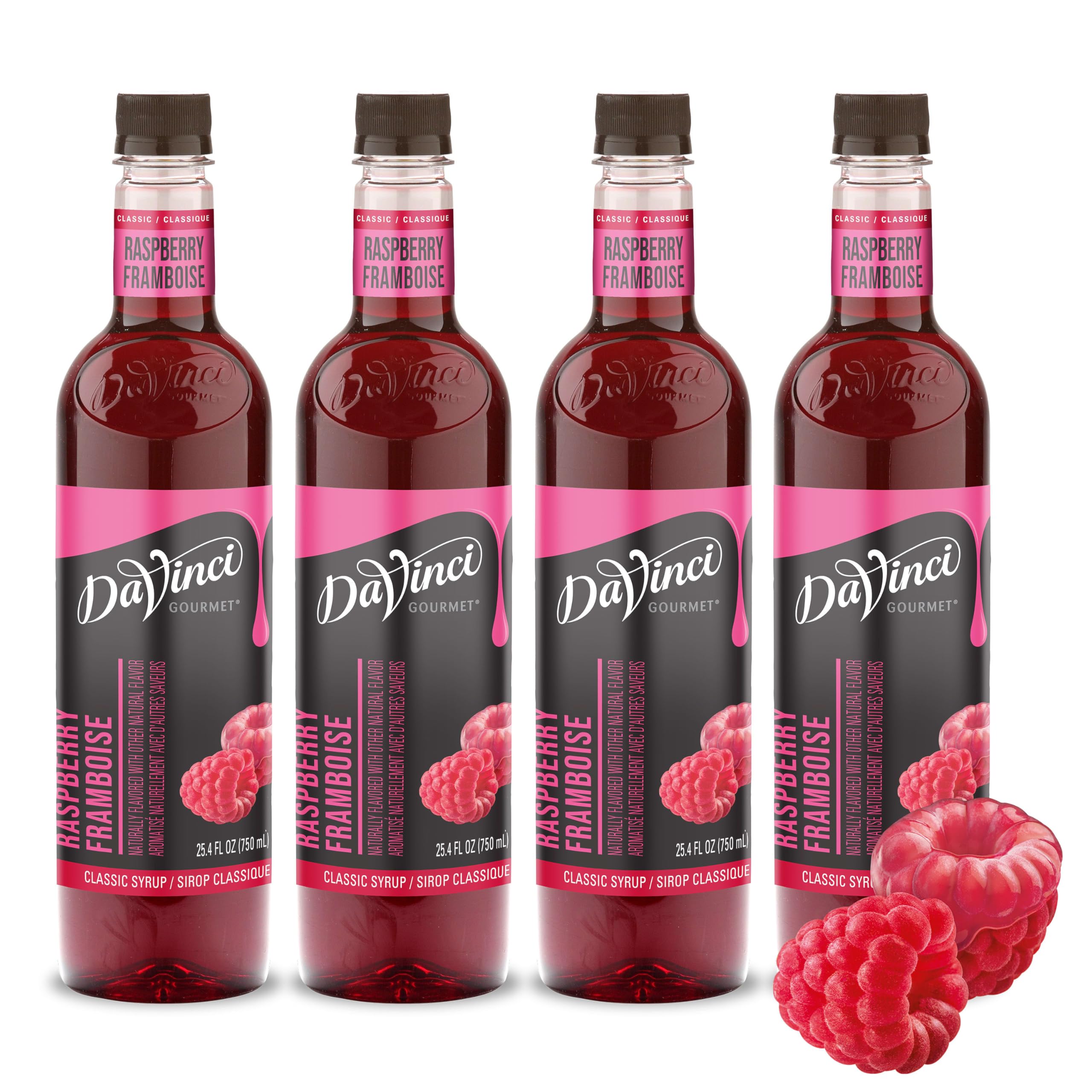 DaVinci Gourmet Classic Raspberry Syrup bottle highlights rich berry flavor for drinks and desserts.