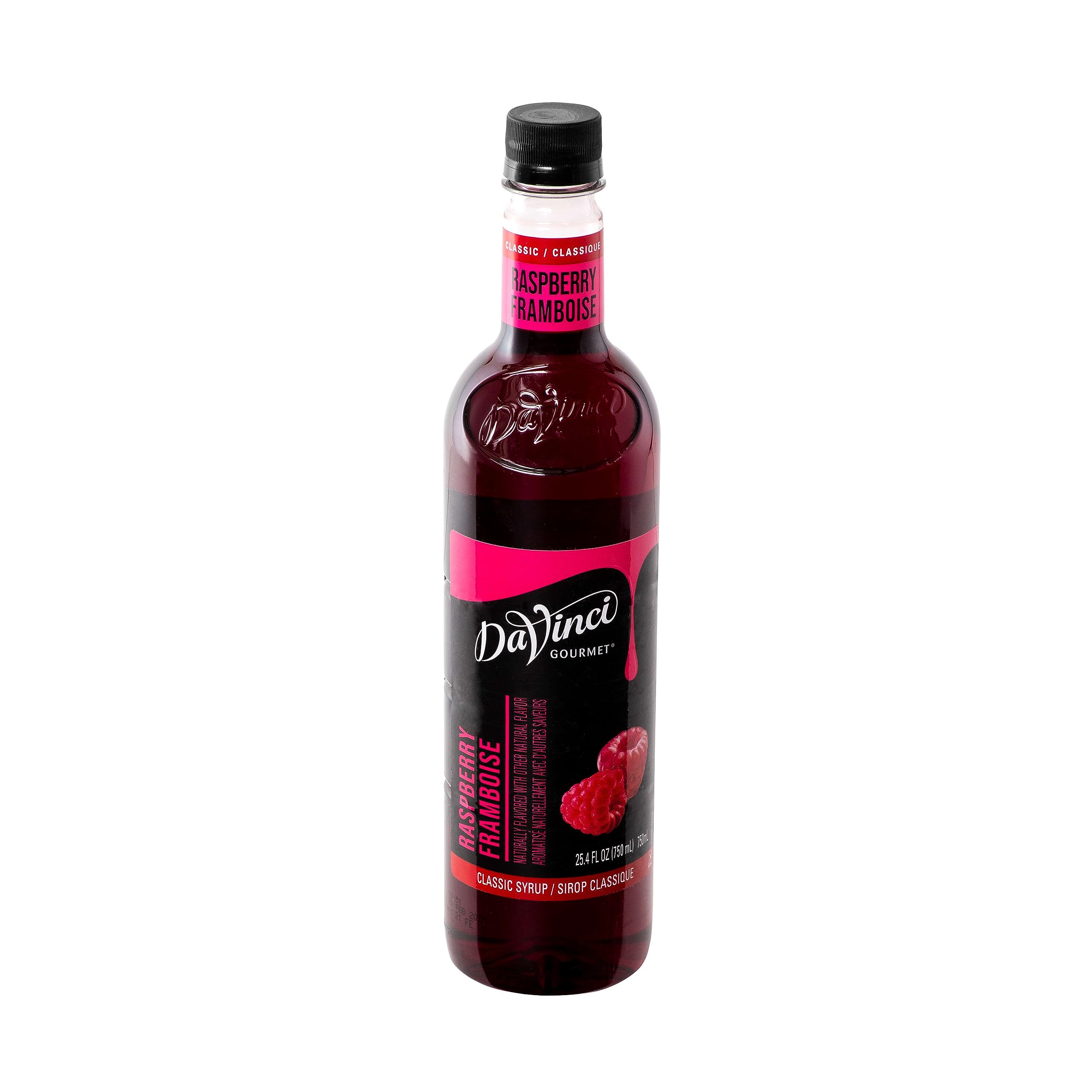 DaVinci Gourmet Classic Raspberry Syrup label-close reveals premium branding and quality.