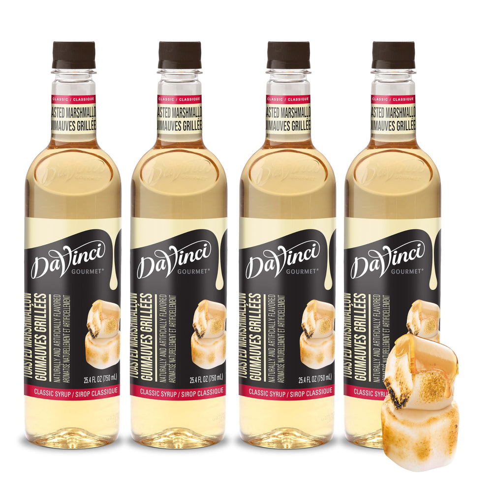 DaVinci Gourmet toasted marshmallow syrup bottle on counter enhances beverages