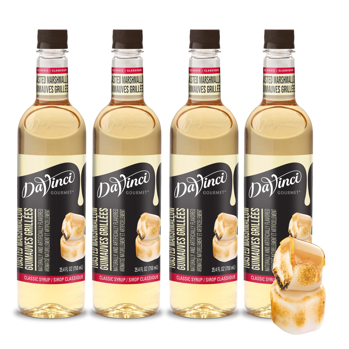 DaVinci Gourmet toasted marshmallow syrup bottle on counter enhances beverages