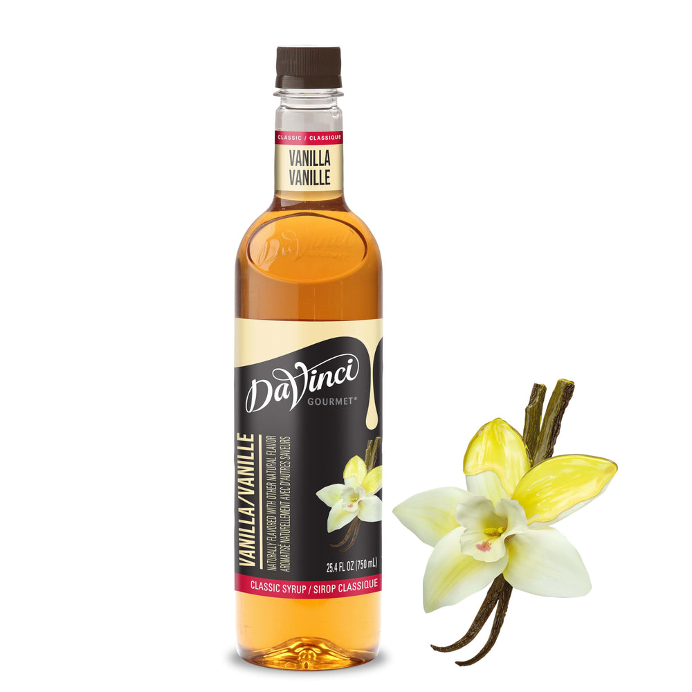 DaVinci Gourmet Classic Vanilla Syrup bottle provides rich vanilla aroma for beverages