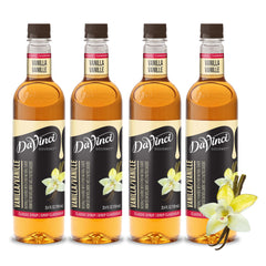 DaVinci Gourmet Classic Vanilla Syrup bottle on kitchen counter adds rich coffee flavor.