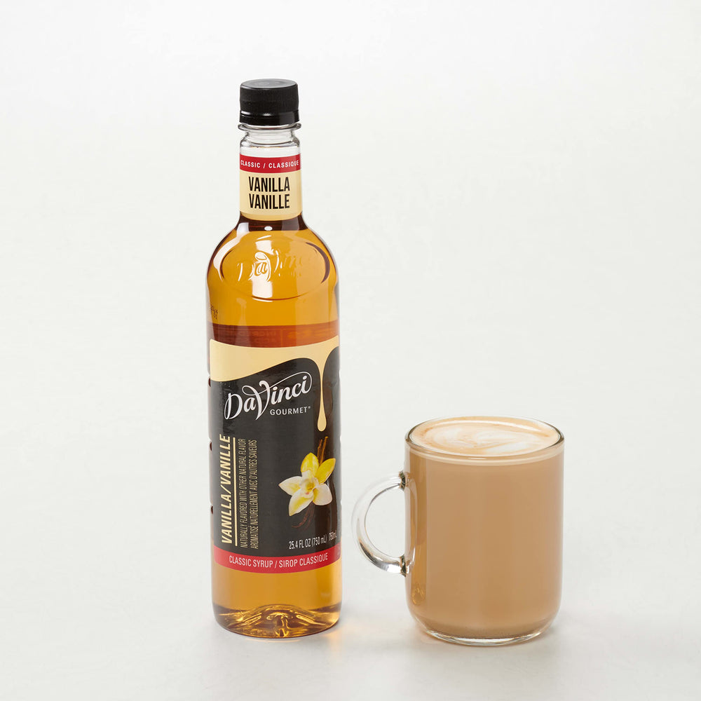 DaVinci Gourmet Classic Vanilla Syrup cafe setup with steam and aroma.