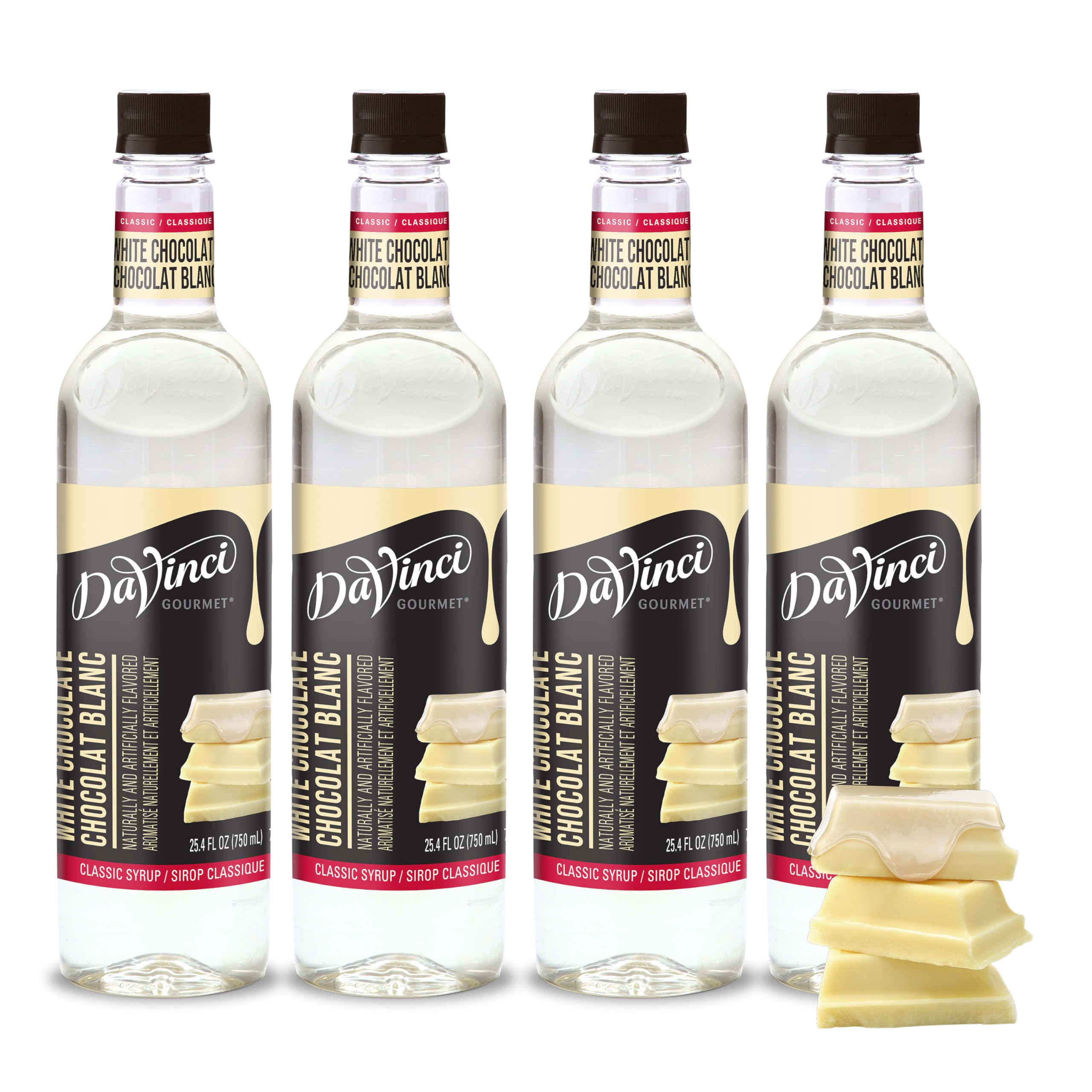 DaVinci Gourmet Classic White Chocolate Syrup bottle label showcases premium flavor for creative beverages