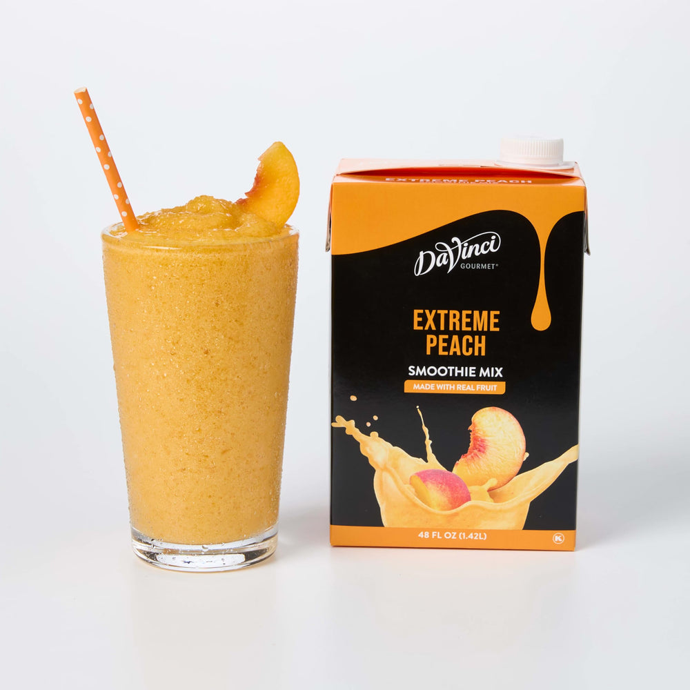 DaVinci Gourmet Extreme Peach Smoothie bottle being poured, showcasing rich peach flavor