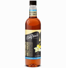 DaVinci Gourmet French Vanilla Sugar Free Syrup bottle pour enhances beverages.