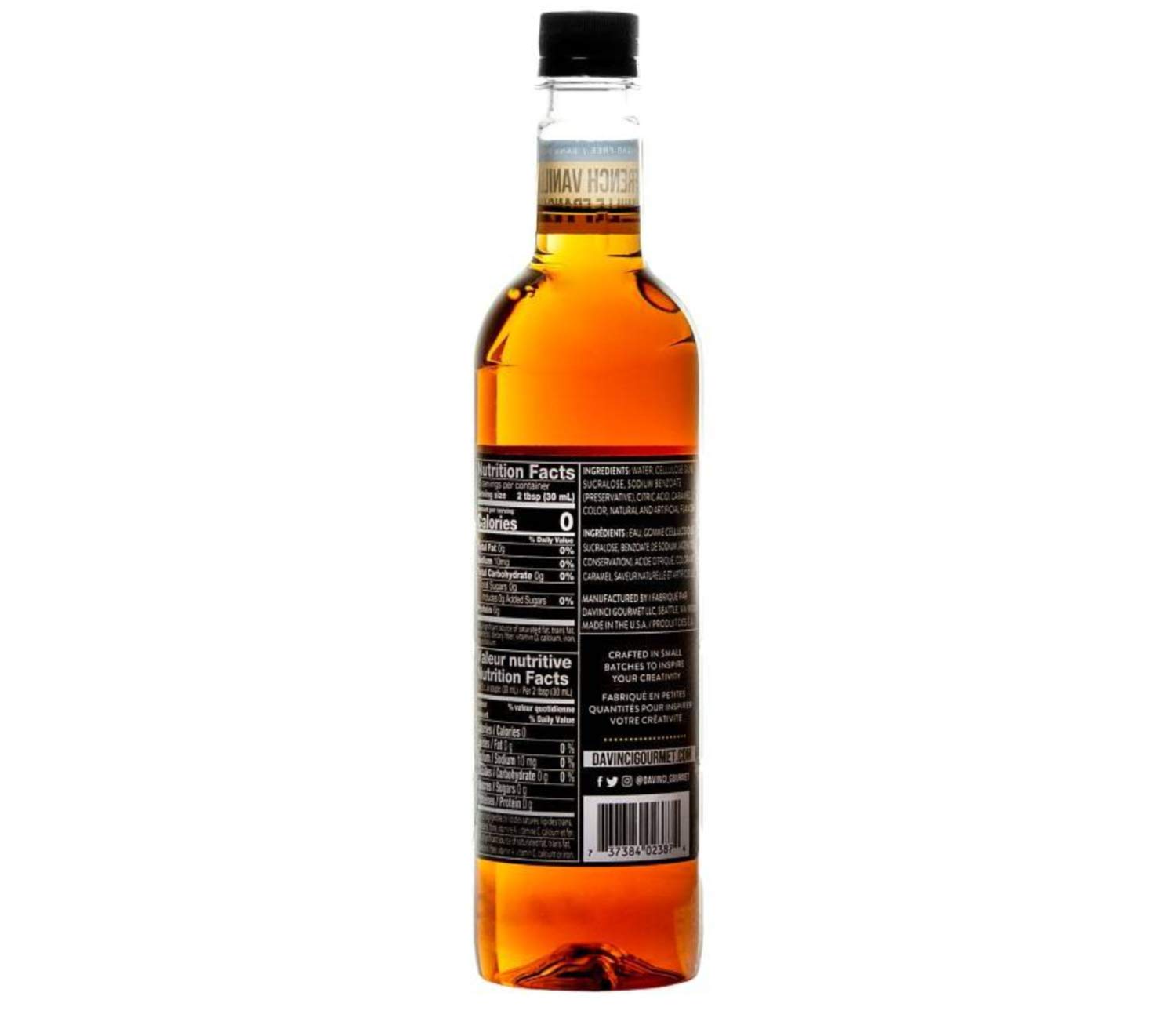 DaVinci Gourmet French Vanilla Sugar Free Syrup label closeup reveals natural flavor.