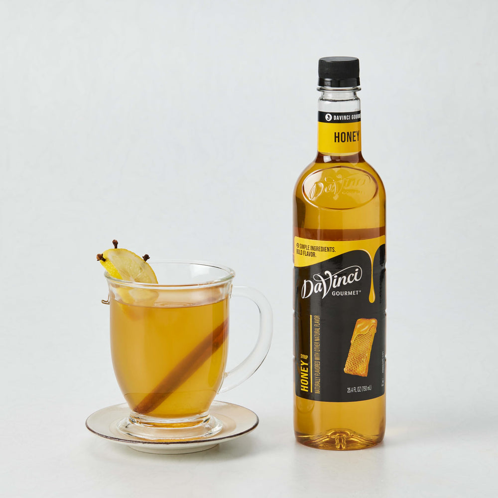 Seattle heritage DaVinci Gourmet Honey Syrup bottle on kitchen counter