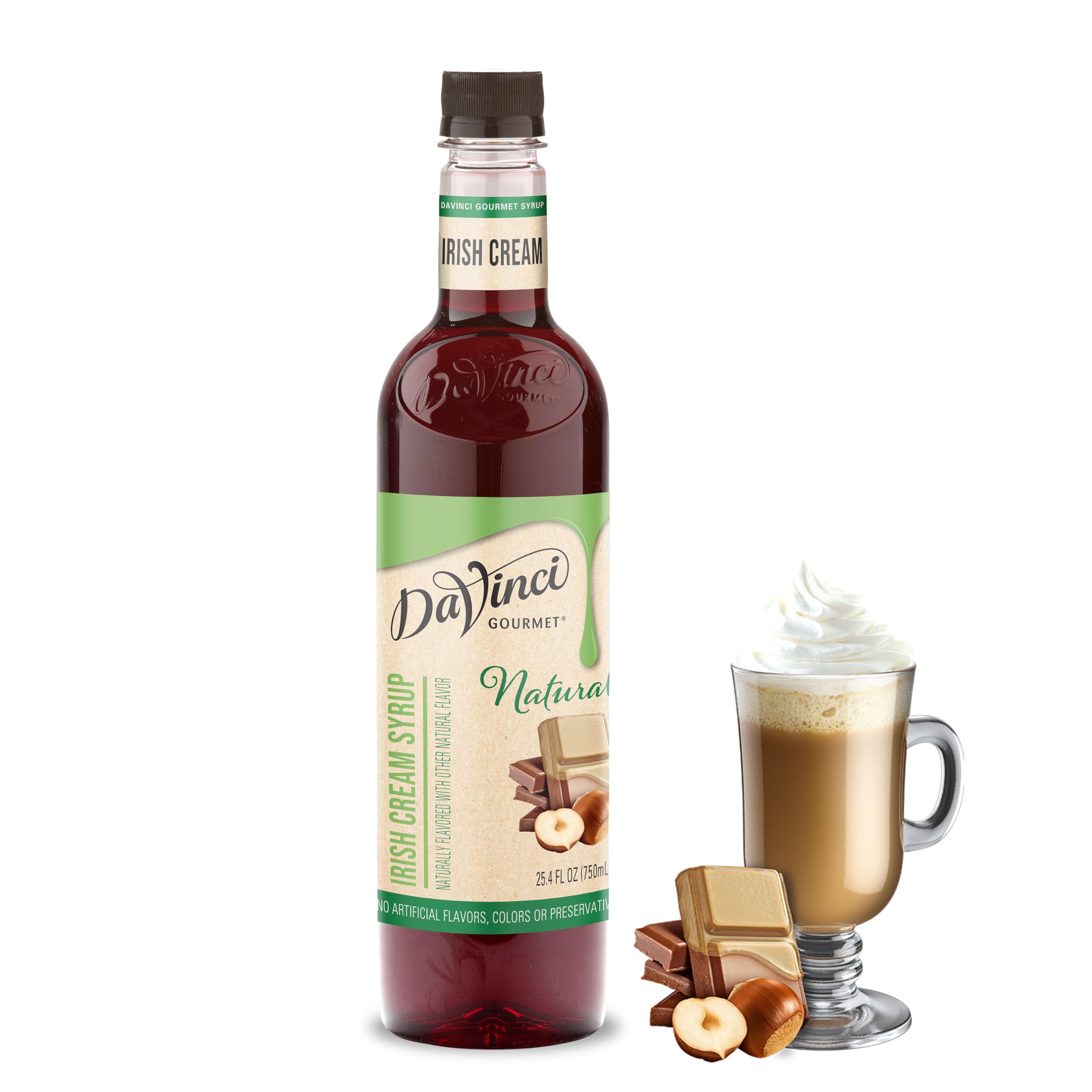 DaVinci Gourmet Naturals Irish Cream syrup bottle showing premium ingredients and label