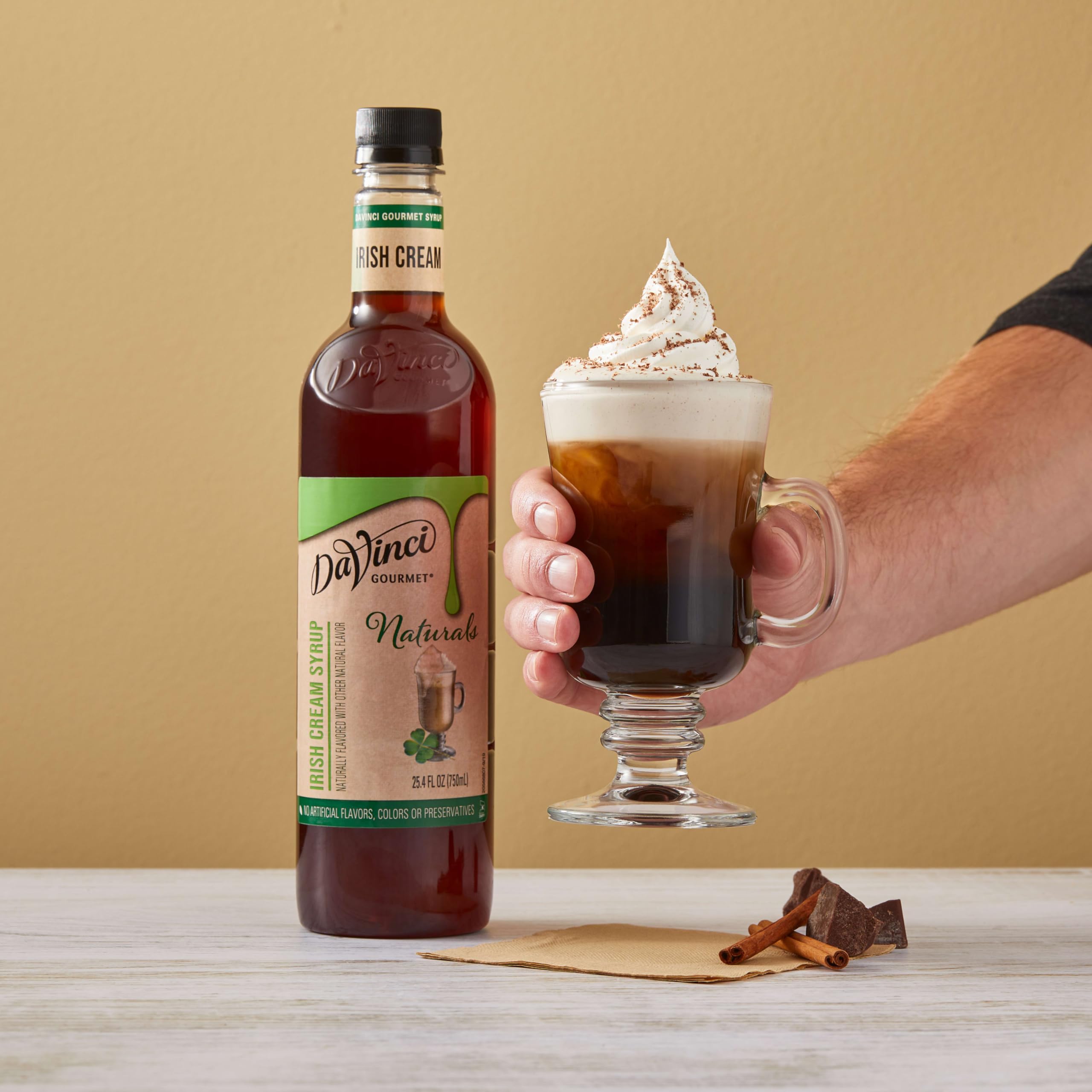 DaVinci Gourmet Naturals Irish Cream syrup being mixed for custom beverages
