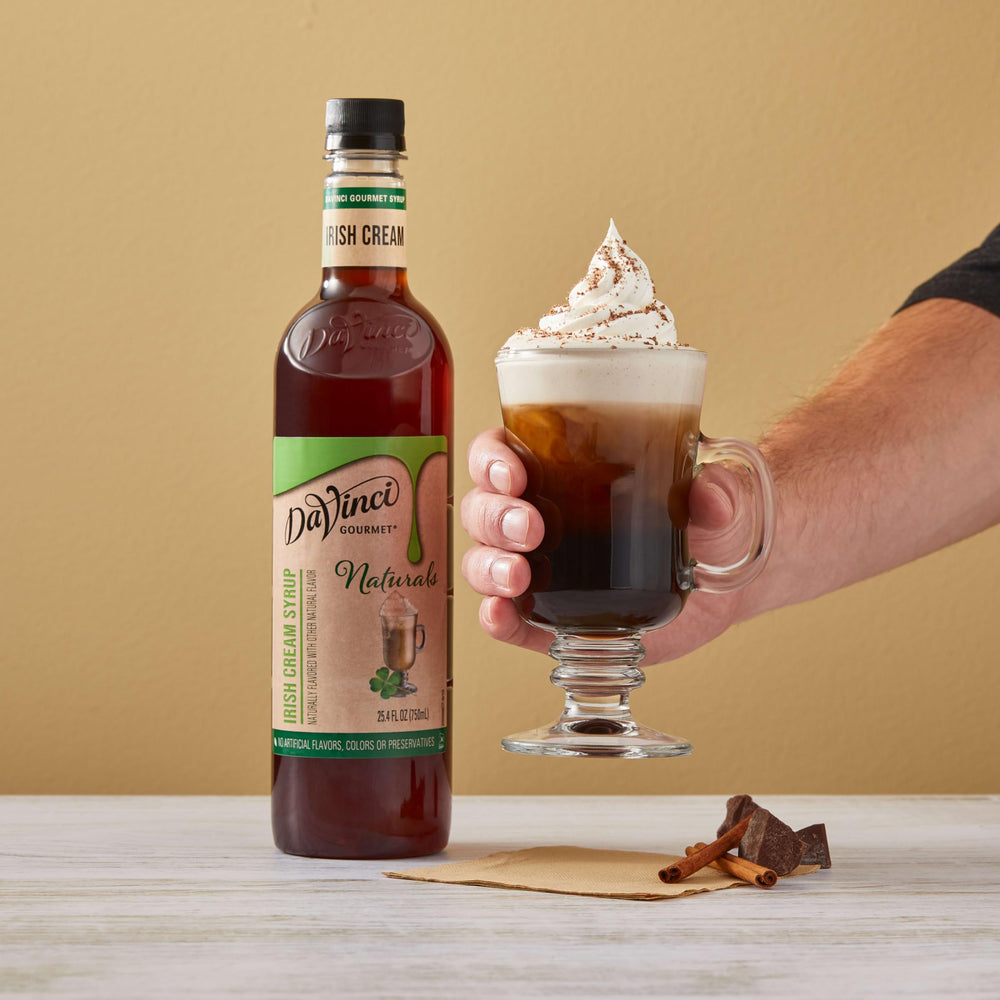 DaVinci Gourmet Naturals Irish Cream syrup being mixed for custom beverages