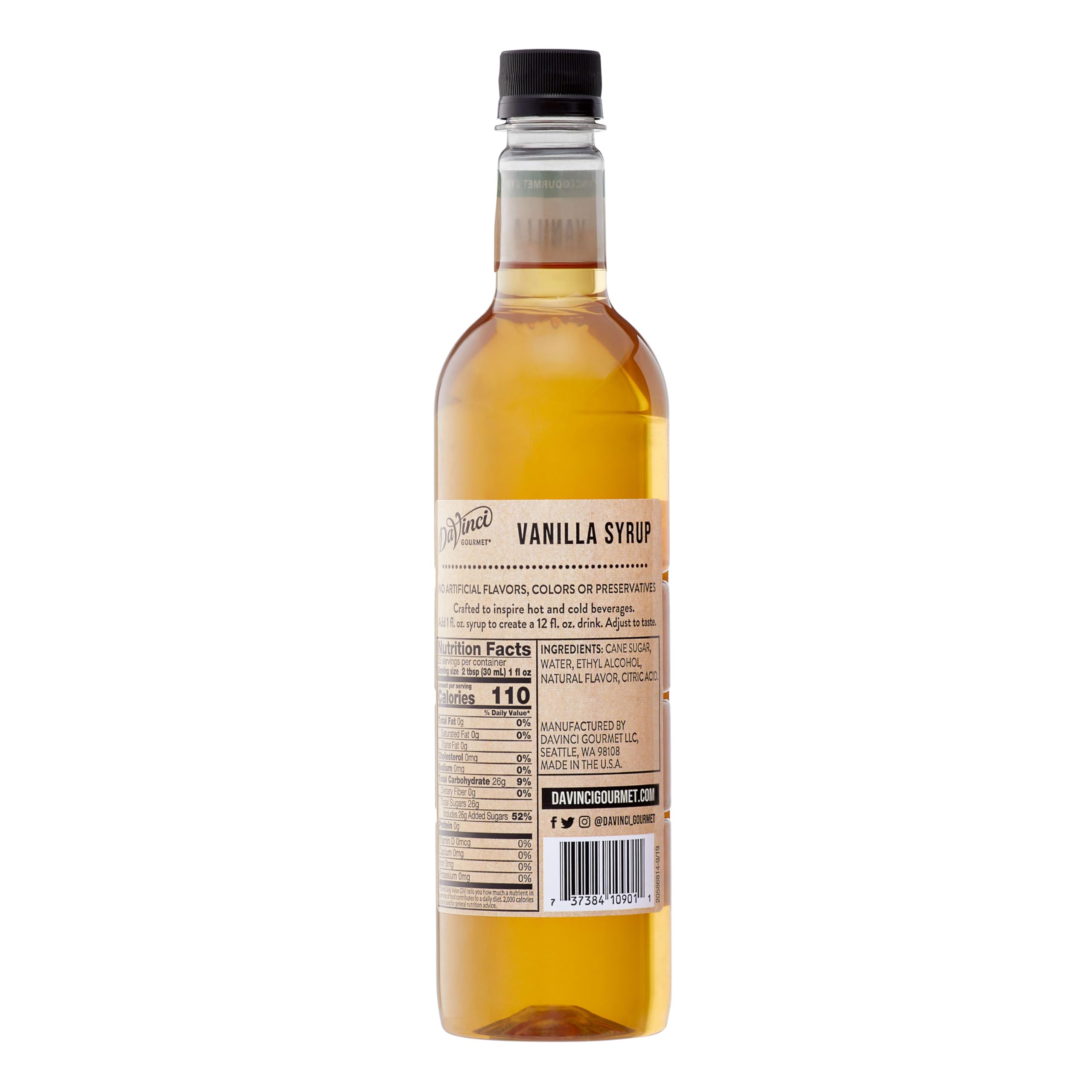 DaVinci Gourmet Naturals Vanilla Syrup side view showing versatile 750 ml bottle for hot and cold drinks.