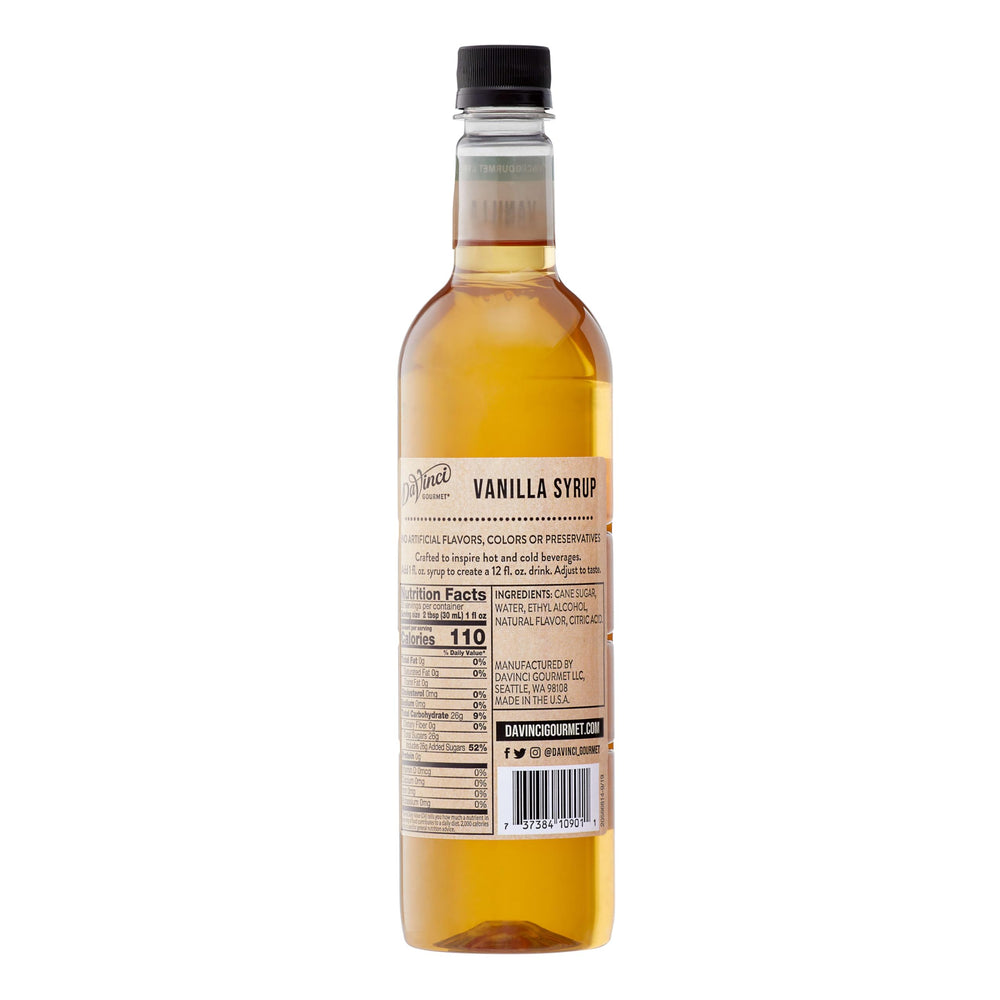 DaVinci Gourmet Naturals Vanilla Syrup side view showing versatile 750 ml bottle for hot and cold drinks.