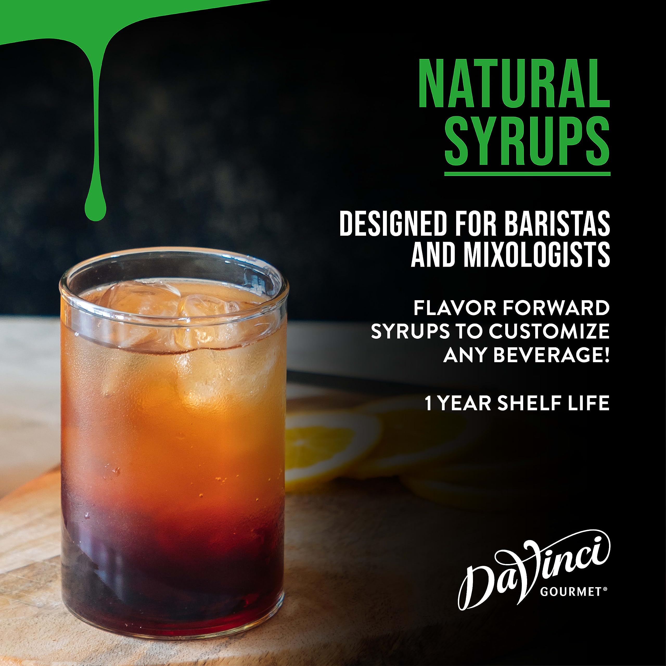 DaVinci Gourmet Naturals Vanilla Syrup being poured for coffee and desserts.