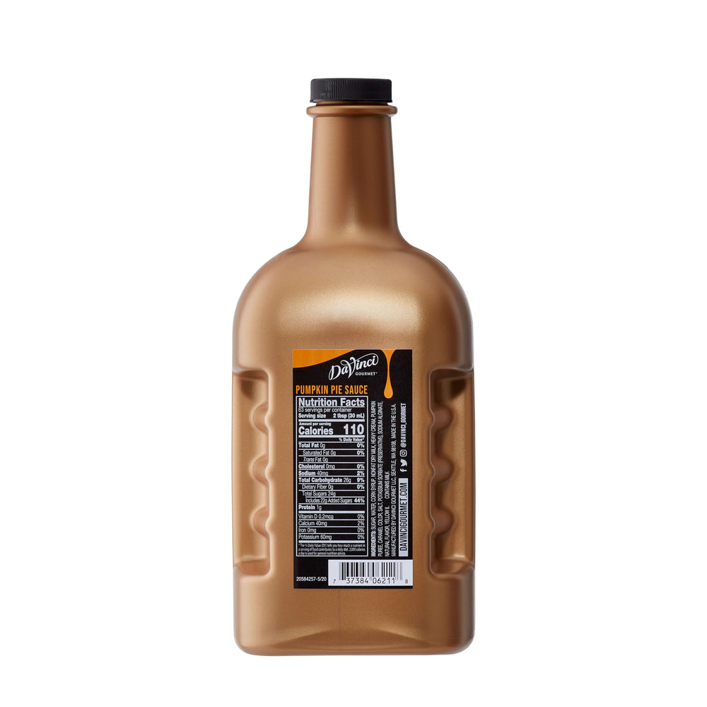 DaVinci Gourmet Pumpkin Pie Sauce label closeup emphasizes pumpkin spice aroma.