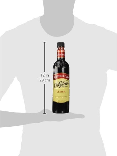 DaVinci Gourmet Red Velvet Cake Syrup bottle with cake slice highlights dessert flavor enhancement