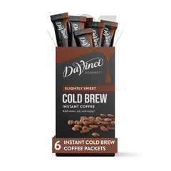 DaVinci Gourmet Slightly Sweet Cold Brew Stick Pack ready to stir into water for instant flavor.