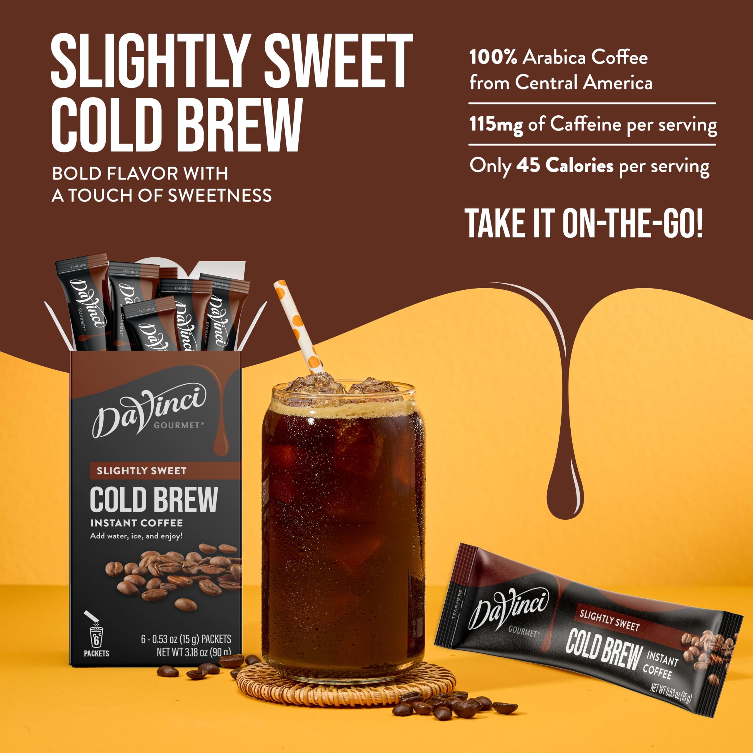 Cold brew cup with ice and a DaVinci stick ready to sip.