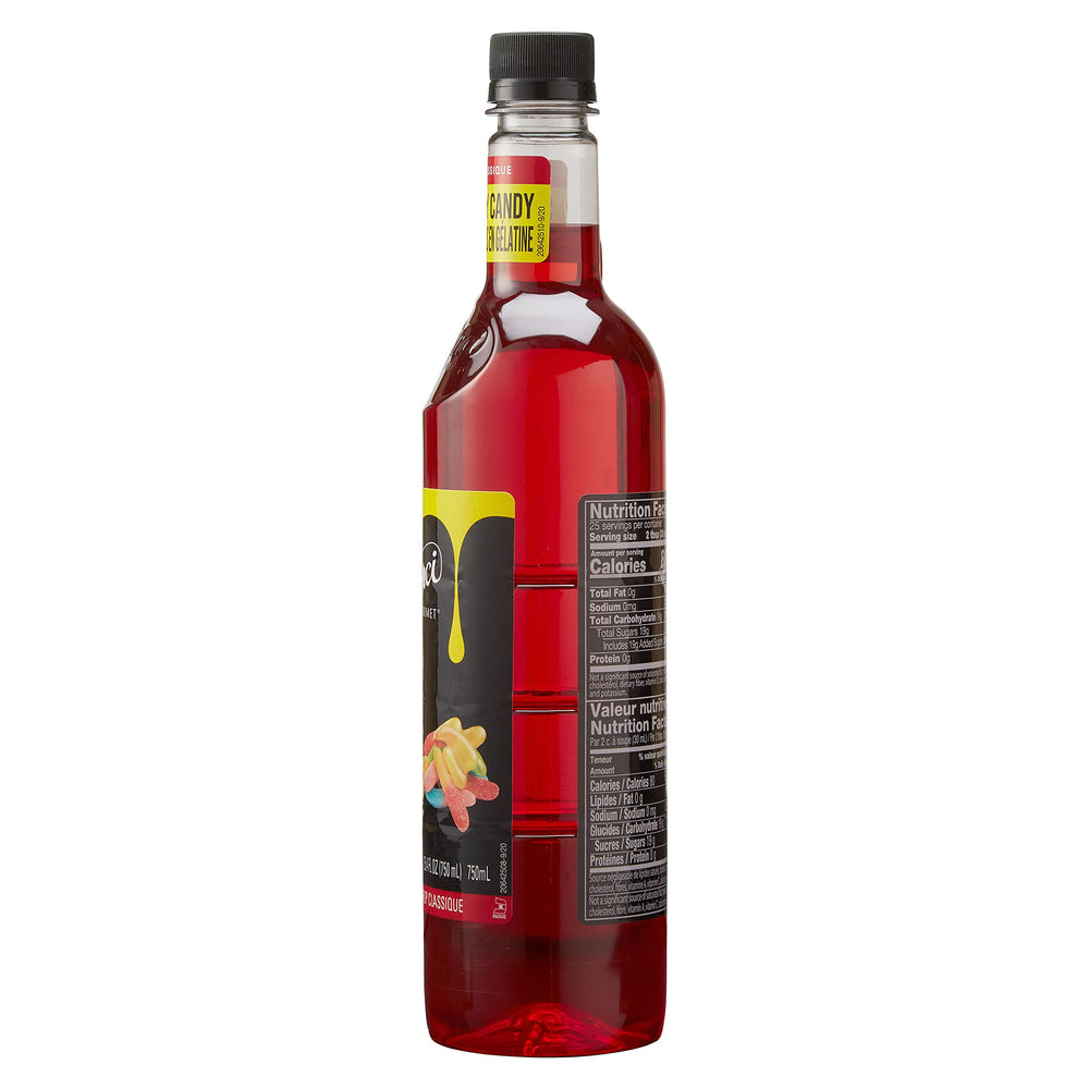 Amber bottle of DaVinci Gourmet Sour Gummy Syrup on a bar setup.
