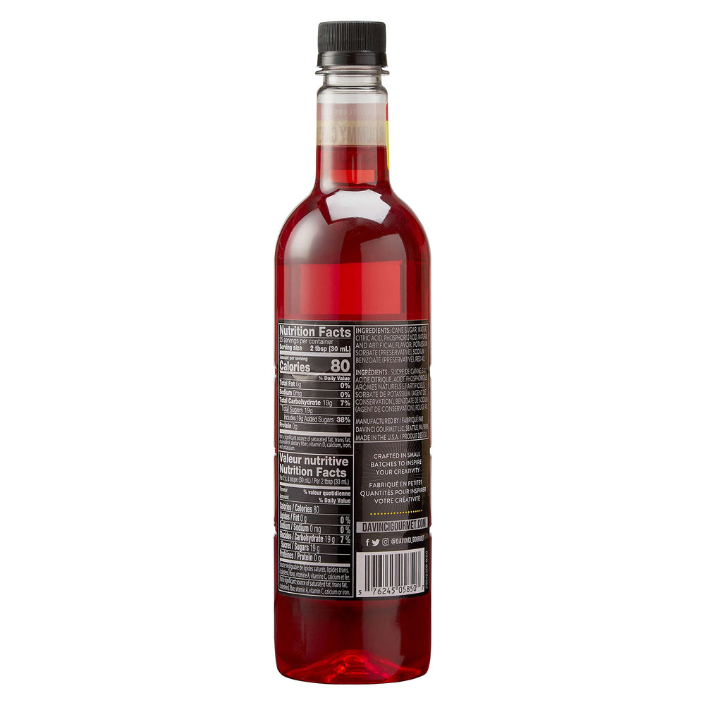 Pouring DaVinci Gourmet Sour Gummy Syrup for tangy-sweet drinks.