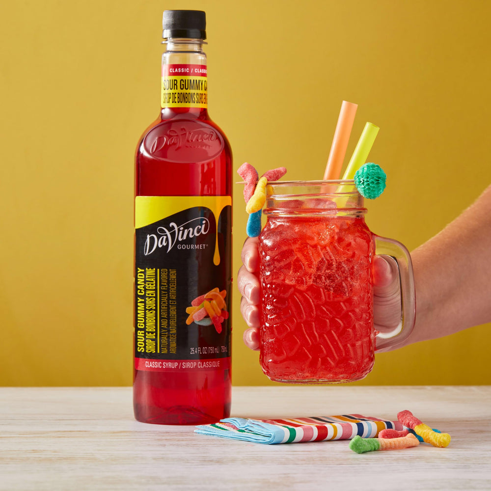 Serving glass with a drizzle of Sour Gummy Syrup for a festive look.