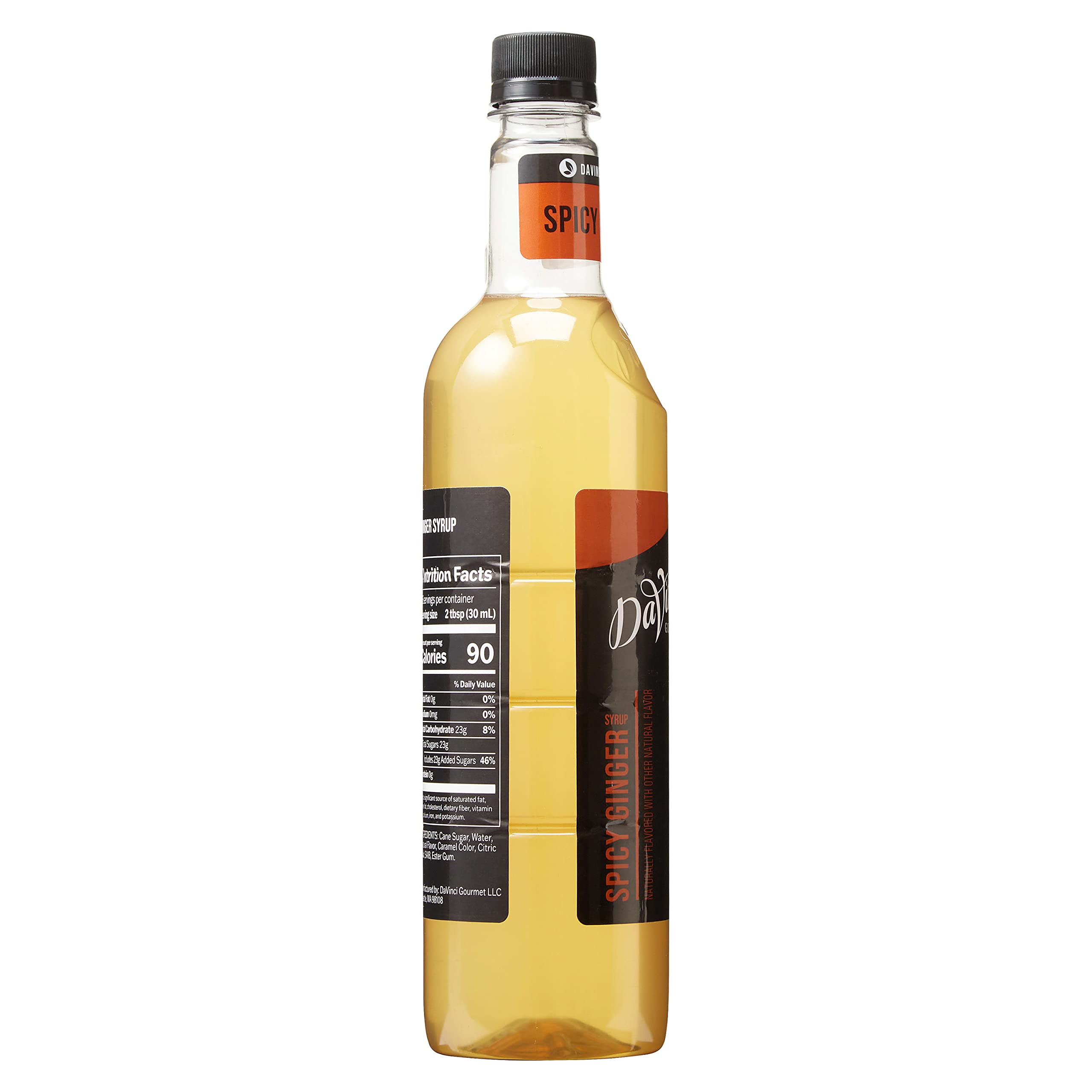 Single 25.4 oz bottle of DaVinci Gourmet Spicy Ginger Syrup on bar backdrop.