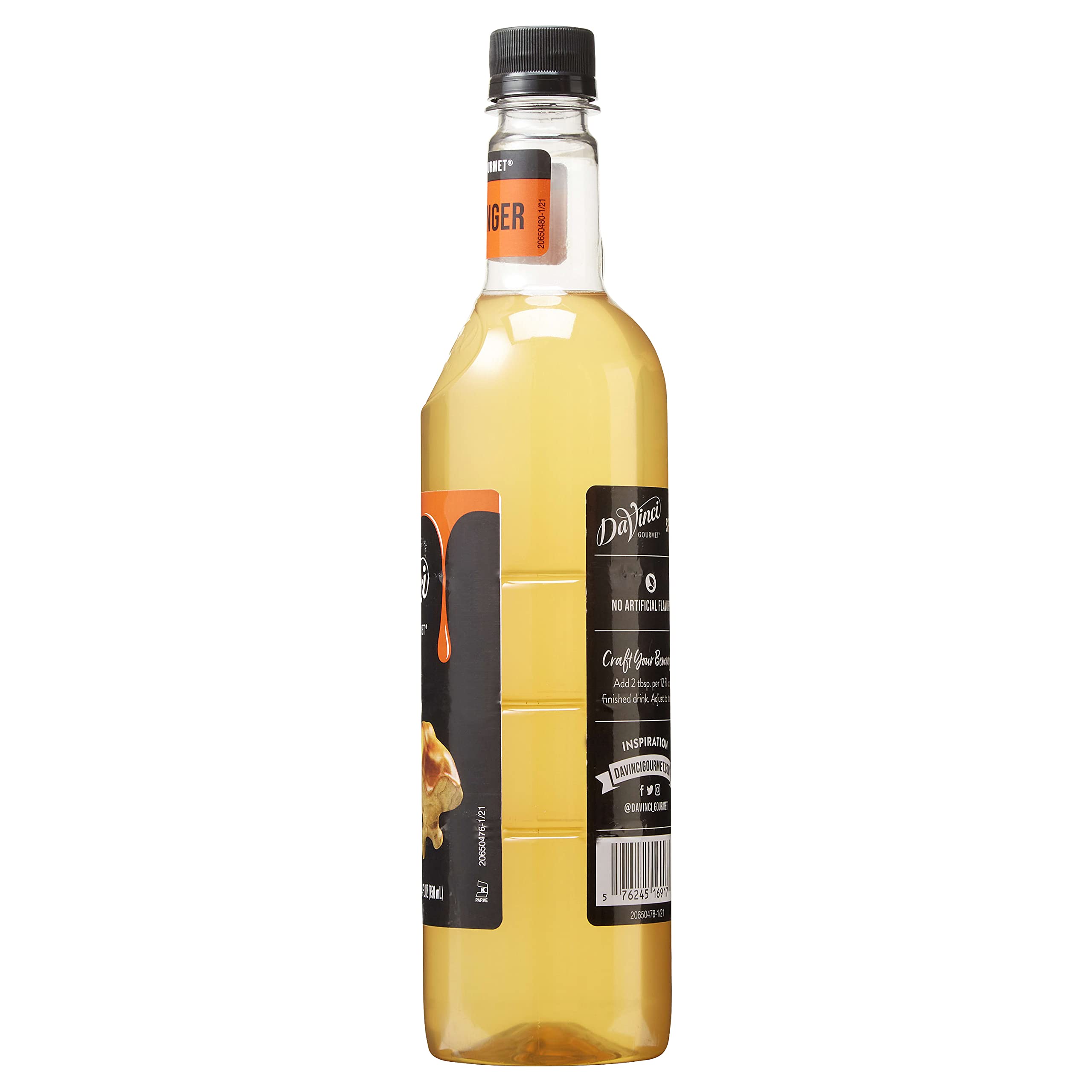 Sealed bottle of DaVinci Gourmet Spicy Ginger Syrup ensures freshness and kosher certification.