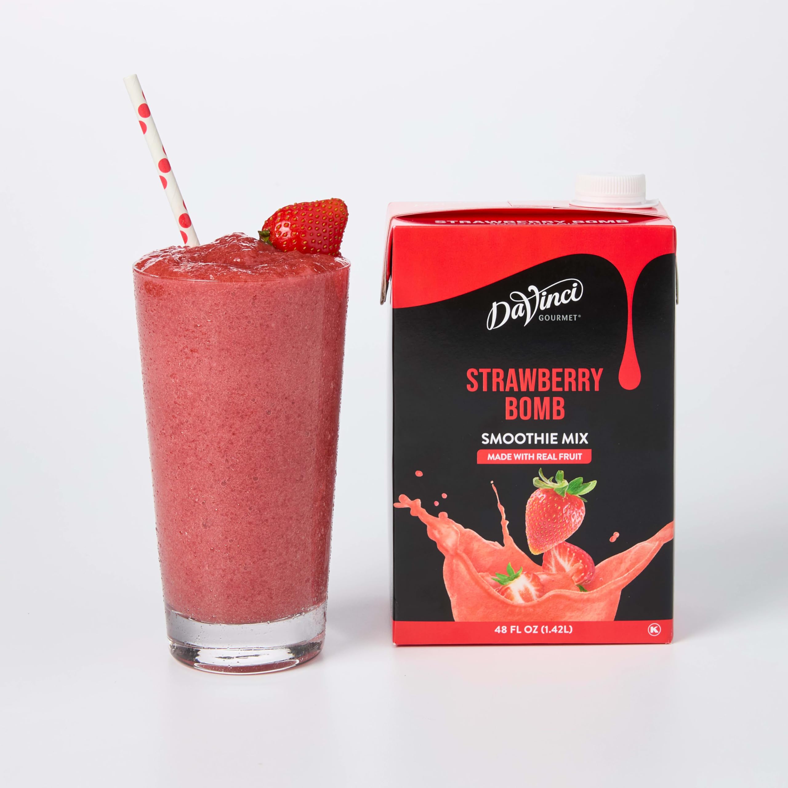 DaVinci Gourmet Strawberry Bomb Smoothie bottle ready to blend fresh fruit flavor.