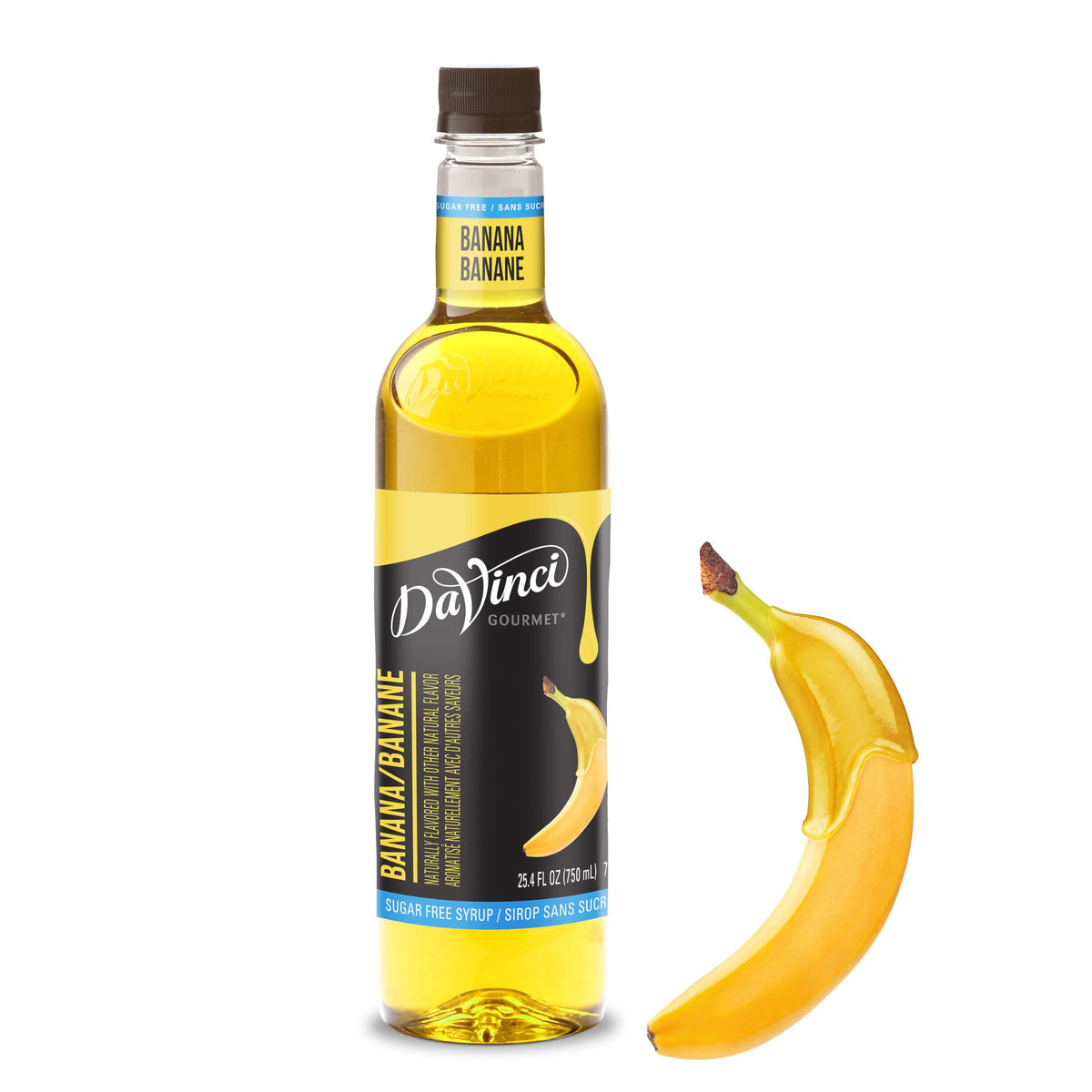 DaVinci Gourmet Sugar-Free Banana Syrup bottle front with zero-calorie banana flavor for drinks.